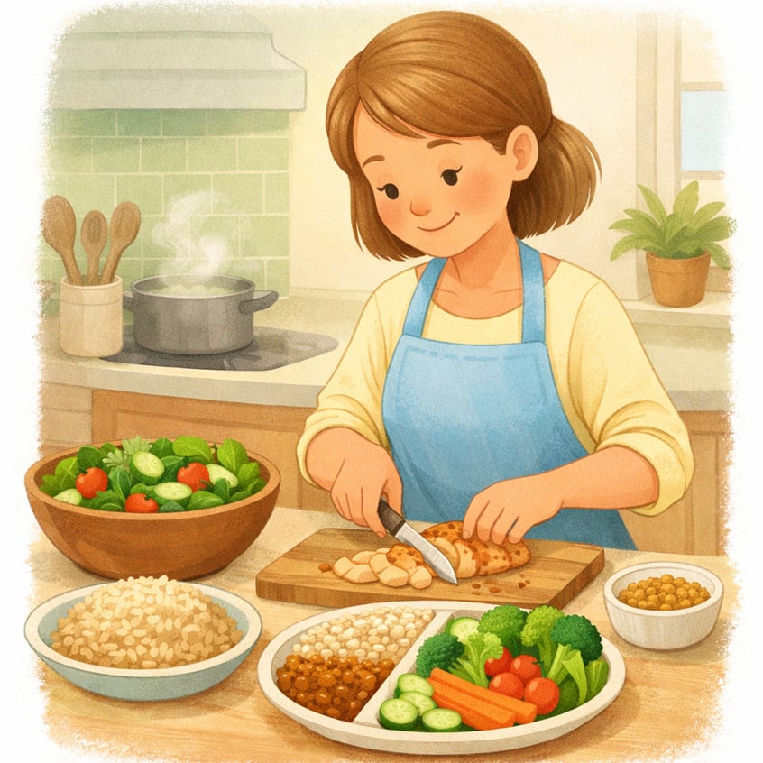 Parent Preparing Balanced Meal with Vegetables and Grains