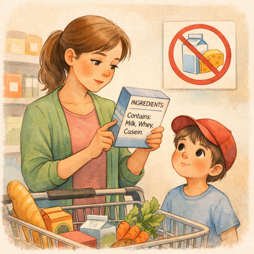 Parent reading nutrition labels to avoid certain ingredients.