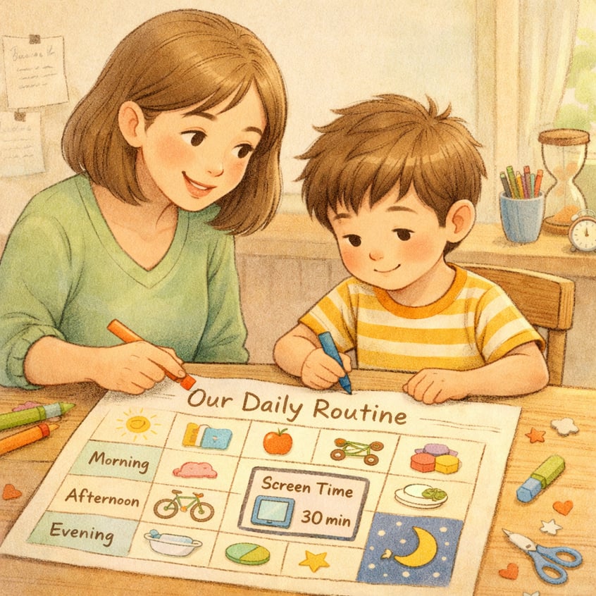 Parent and Child Creating Daily Routine Chart