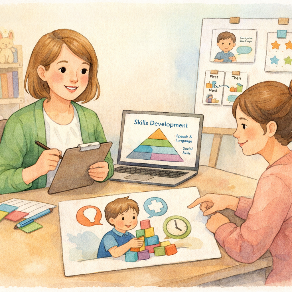 Parent and Support Practitioner Collaborating on Developmental Strategies-1