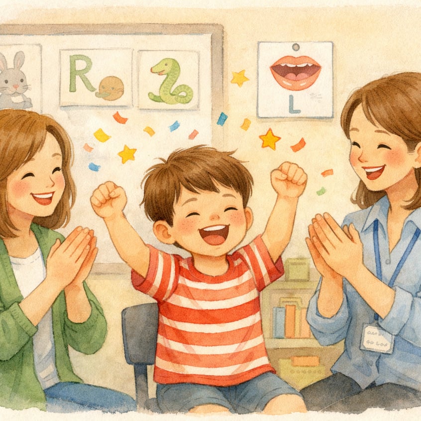 Parent and Therapist Celebrating Childs Pronunciation Progress-1