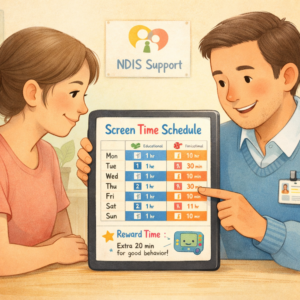 Parent and Therapist Reviewing Screen Time Schedule-1