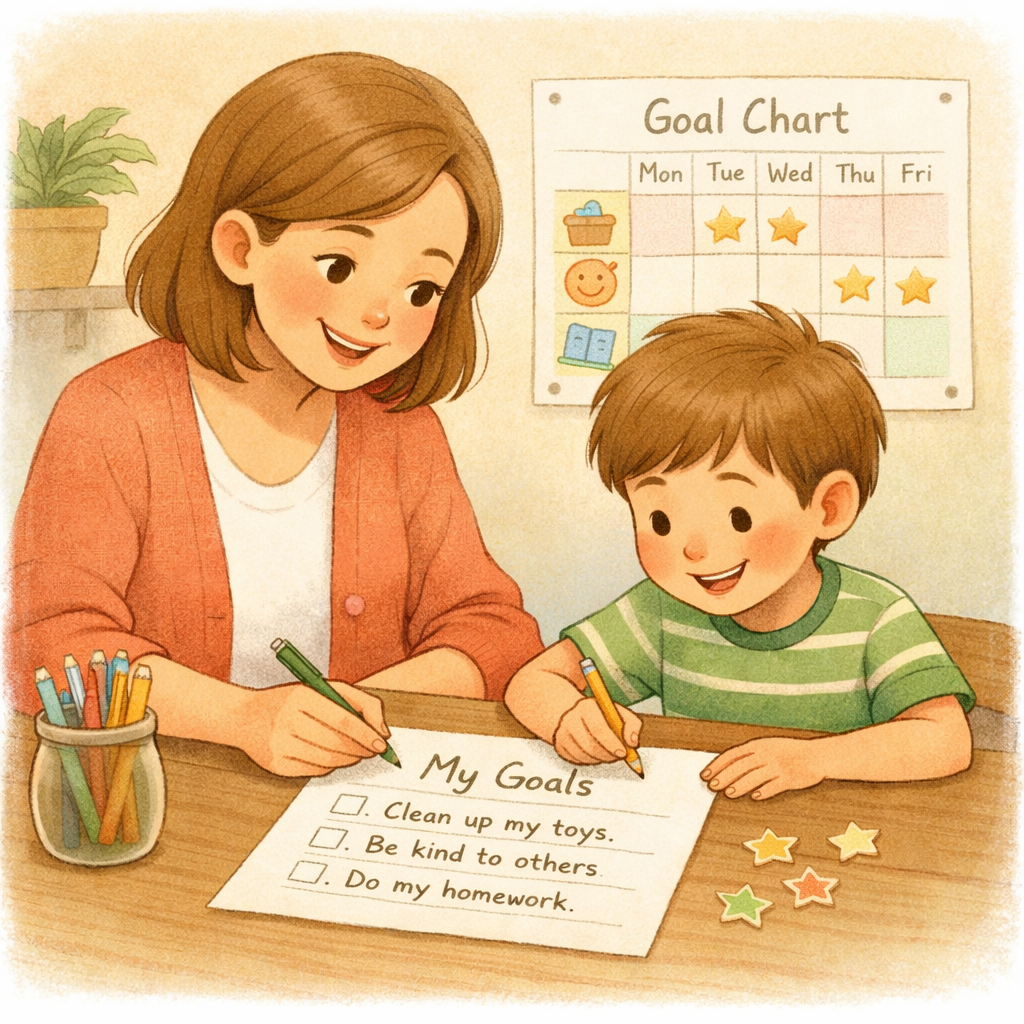 A parent and child working together to set simple behavior goals and track progress.