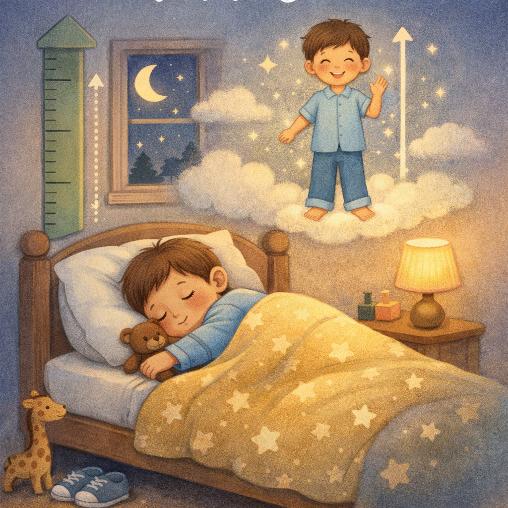 Infographic showing how Growth Hormone is released in children while they sleep at night.