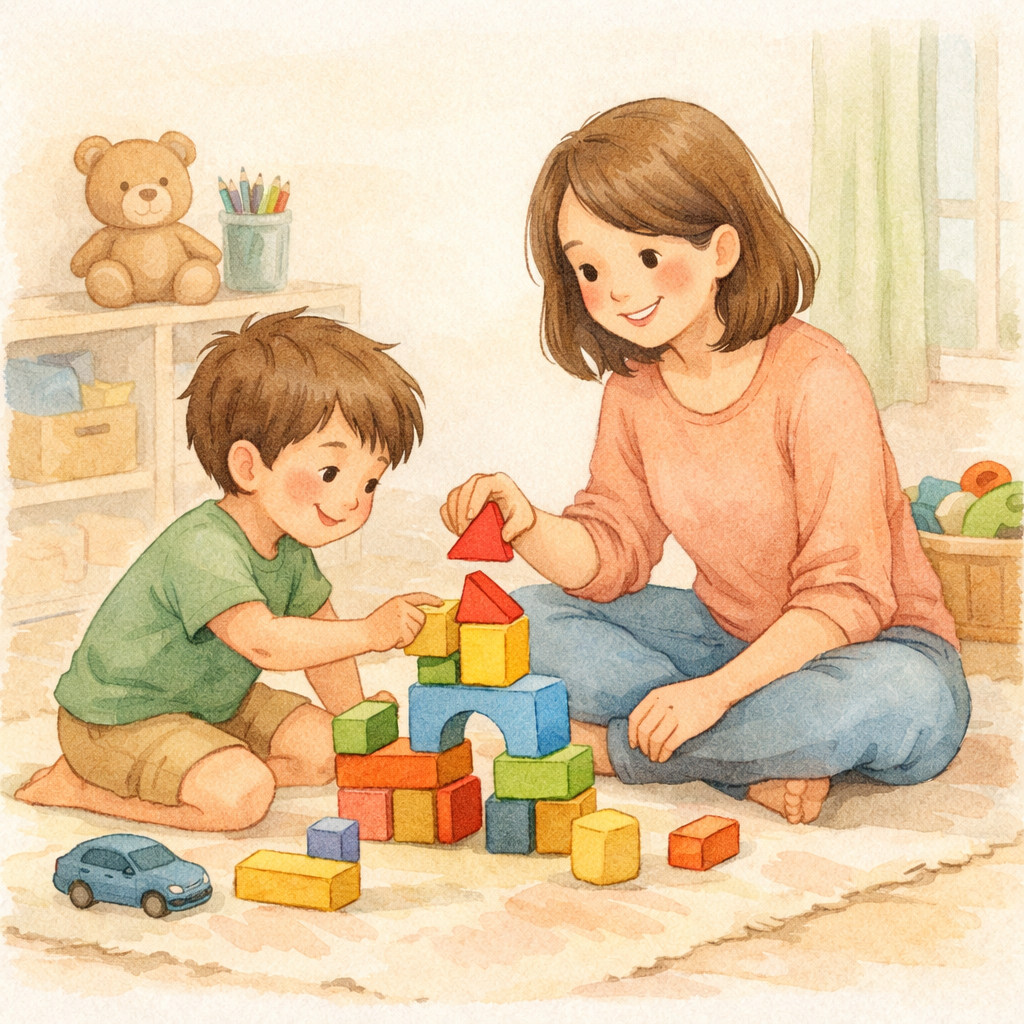 Parent and child engaging in play therapy, replacing screen time with hands-on activities like building blocks.