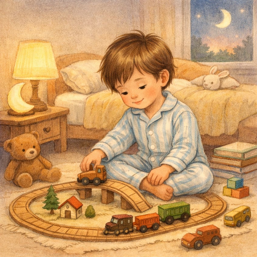A child playing quietly with toys instead of using screens during the pre-bedtime period.