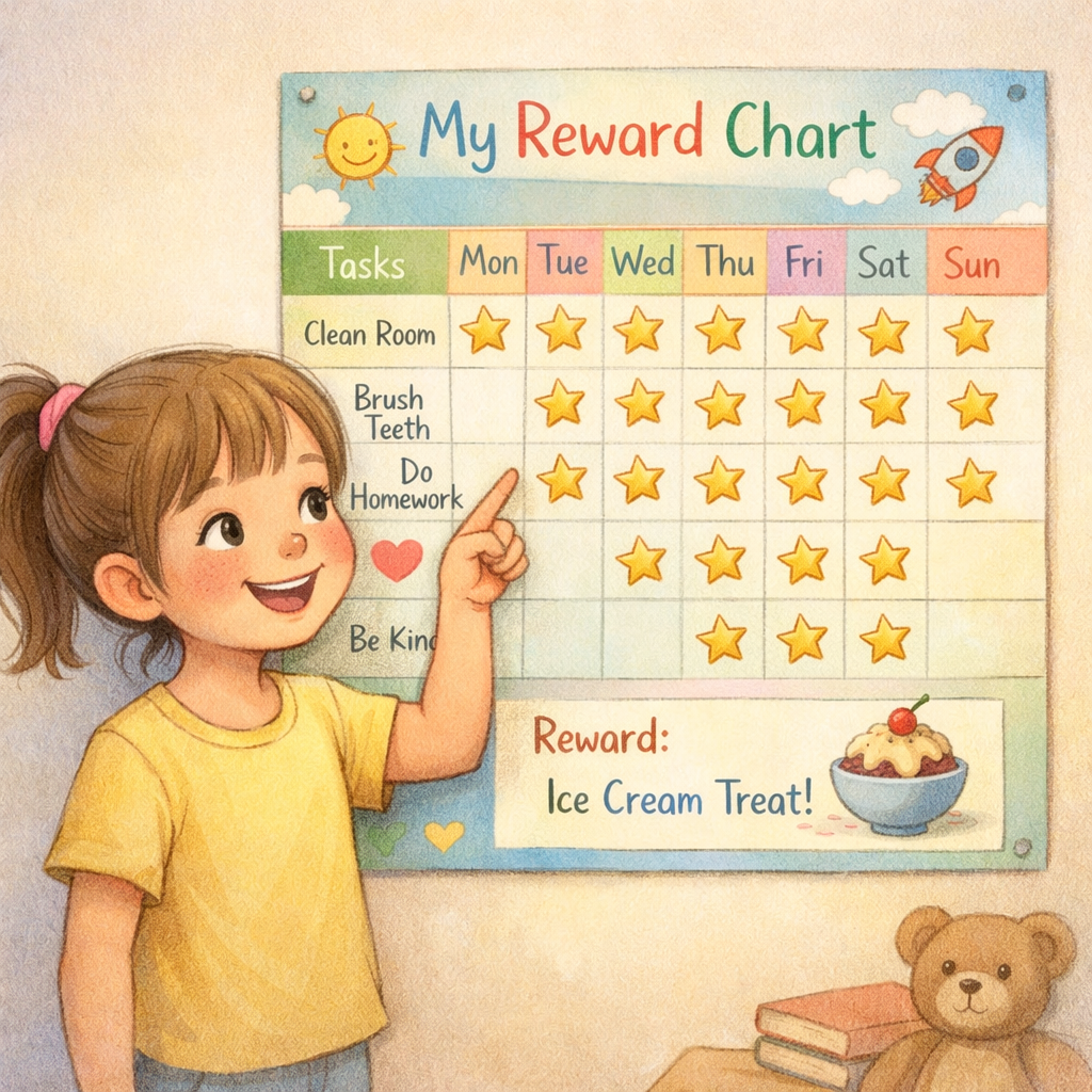 A reward chart with stickers marking completed chores, reinforcing positive behavior.
