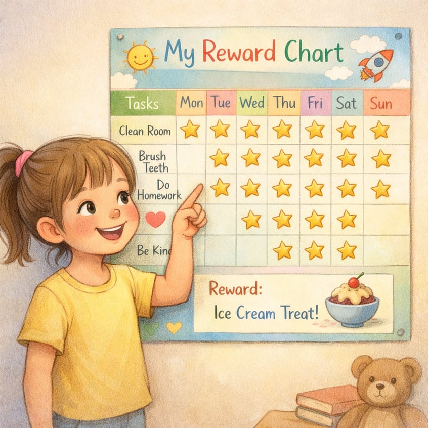 A parent praising their child with a smile and a sticker after completing a simple task, showing positive reinforcement.
