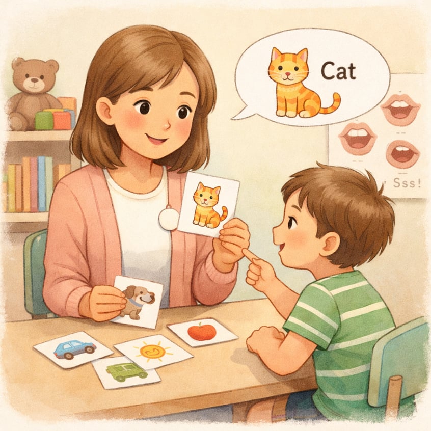 Speech Therapist Builds Vocabulary With Child Using Picture Cards-2