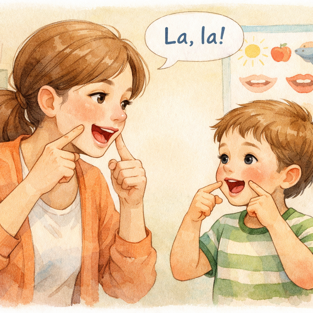 Speech Therapist Demonstrating Mouth Movements with Child Imitating Sounds