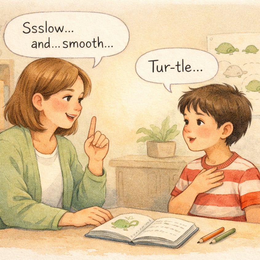 Speech Therapist Guiding Child in Speech Exercise Session