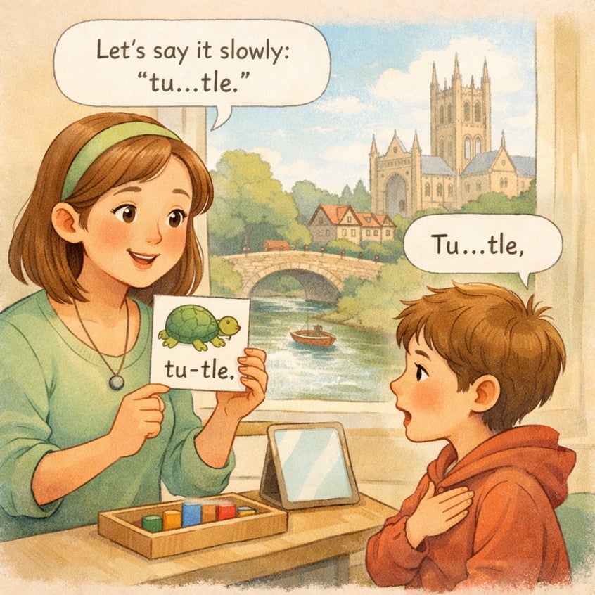 Local healthcare professional assisting a child with speech exercises