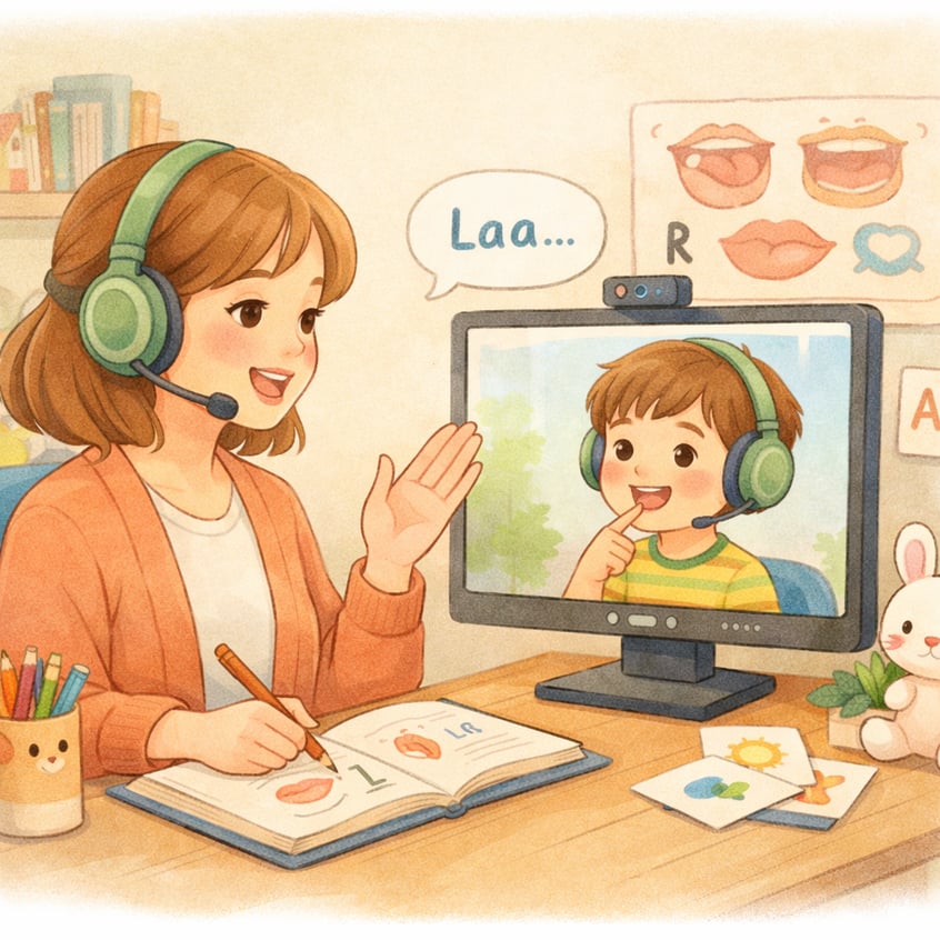Speech-language pathologist guiding articulation exercises over video chat