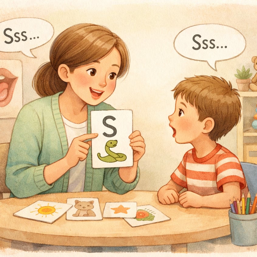 Speech Therapist and Child with Flashcards
