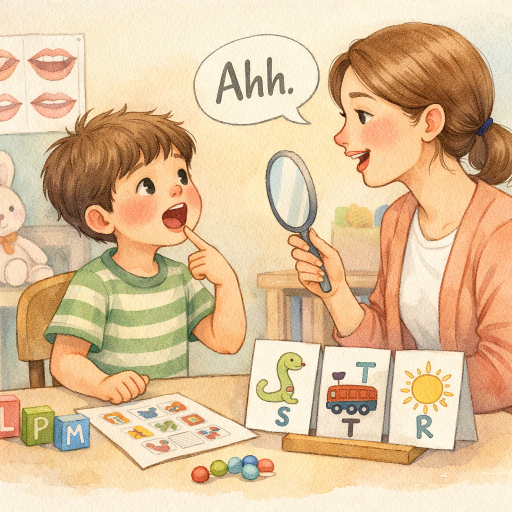 Speech pathology session featuring a therapist and client engaged in communication exercises with visual aids, notebooks, and educational tools.