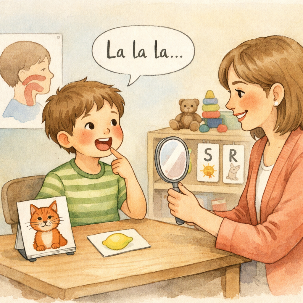 Speech-language pathologist conducting a language assessment with a young child using picture cards and interactive learning materials in a therapy room.