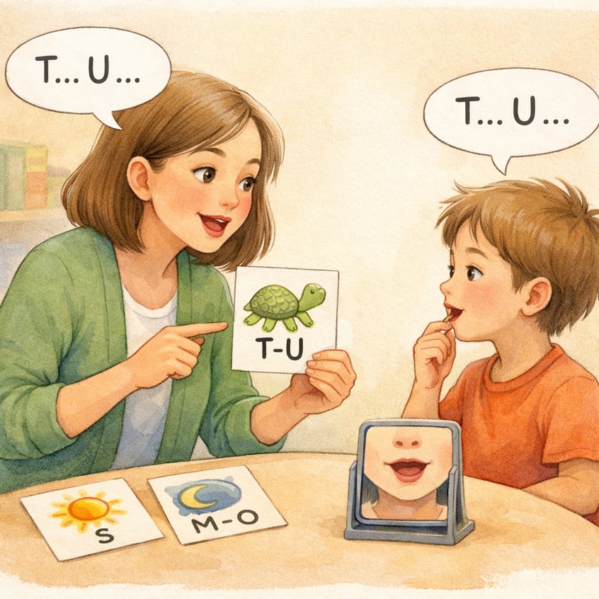 SpeechLanguage Pathologist Guiding Child with Apraxia
