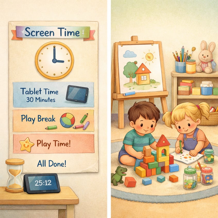 A structured therapy environment showing scheduled, limited screen exposure alongside creative play activitie