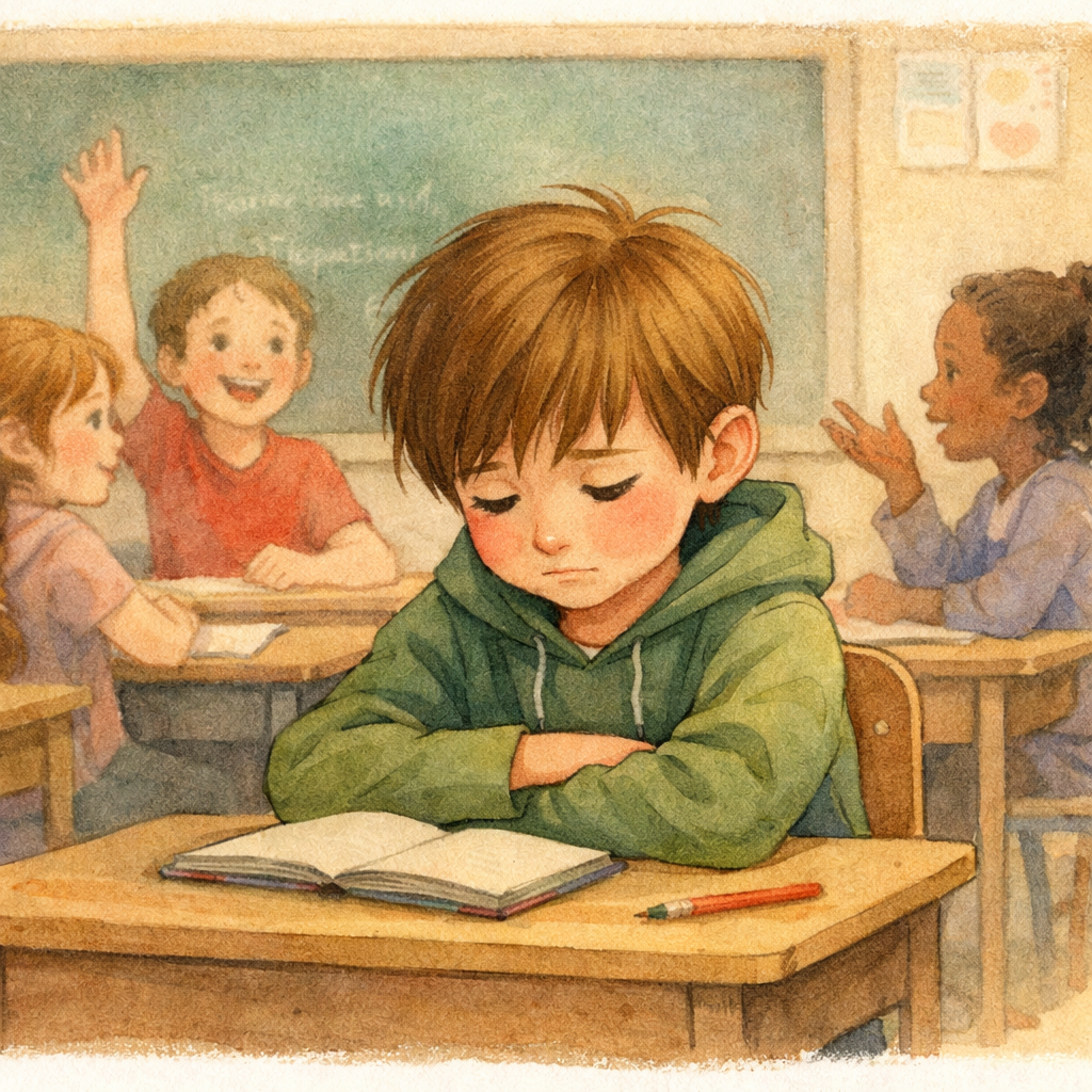 A student sitting quietly in a classroom, avoiding eye contact while others participate in discussion.