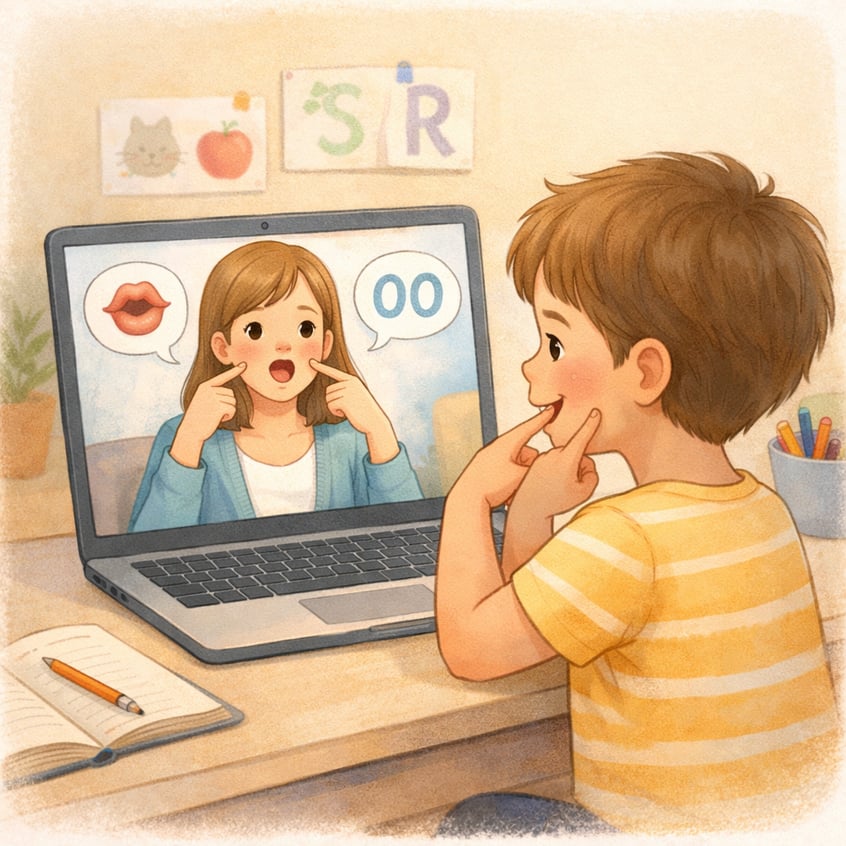 Therapist demonstrating mouth movements over a laptop screen