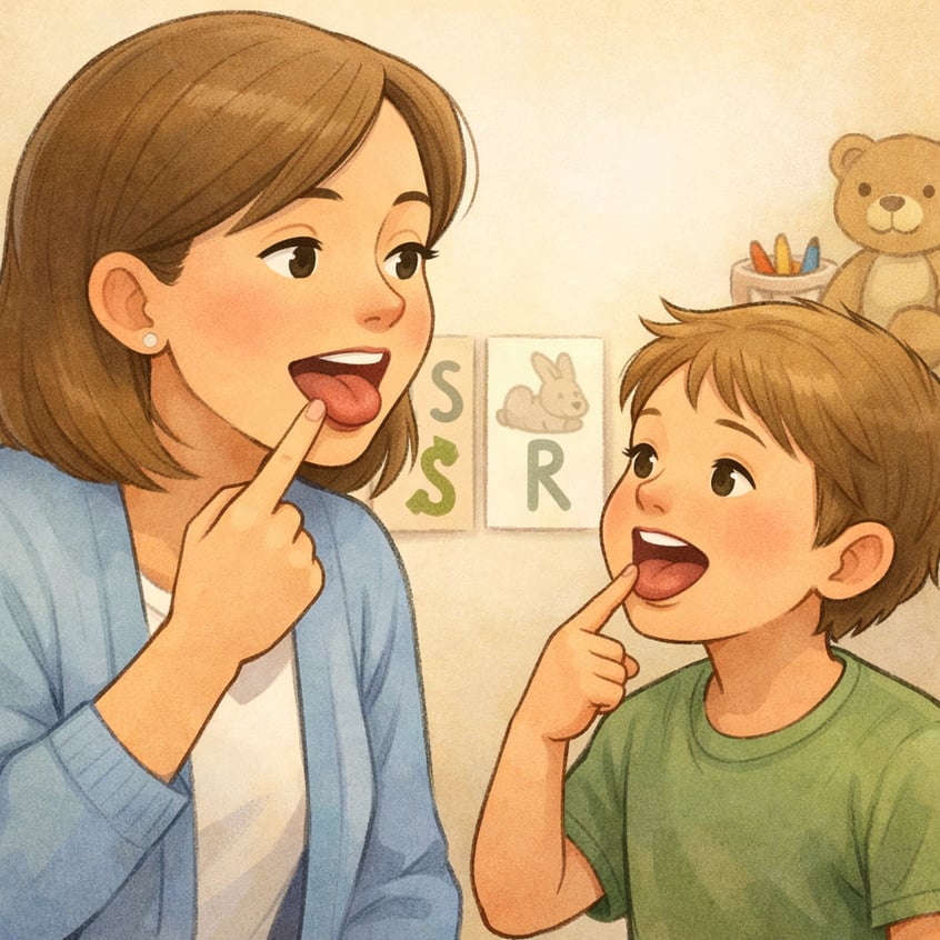 Therapist Demonstrating Tongue Placement for Speech Sounds
