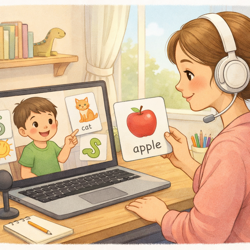 Child practicing speech exercises during a telehealth therapy appointment