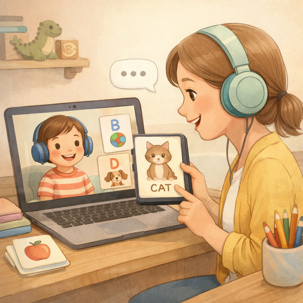 Therapist using digital flashcards during an online speech session.