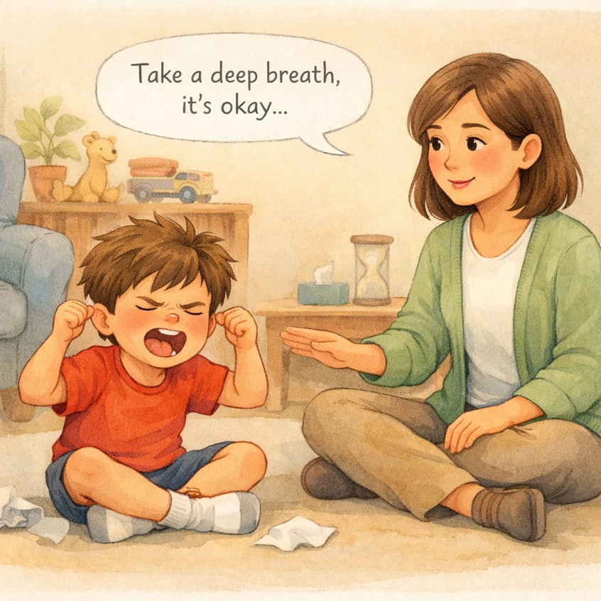 Therapist Guiding Child Through Tantrum with Calm Expression