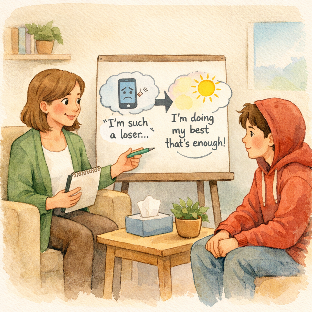 Therapist Guiding Teen Through Thought Reframing Session