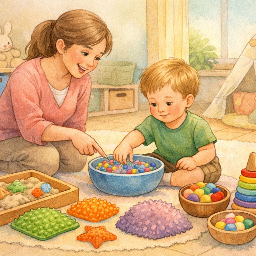 A therapist guiding a toddler through a sensory play session with colorful objects instead of digital devices.