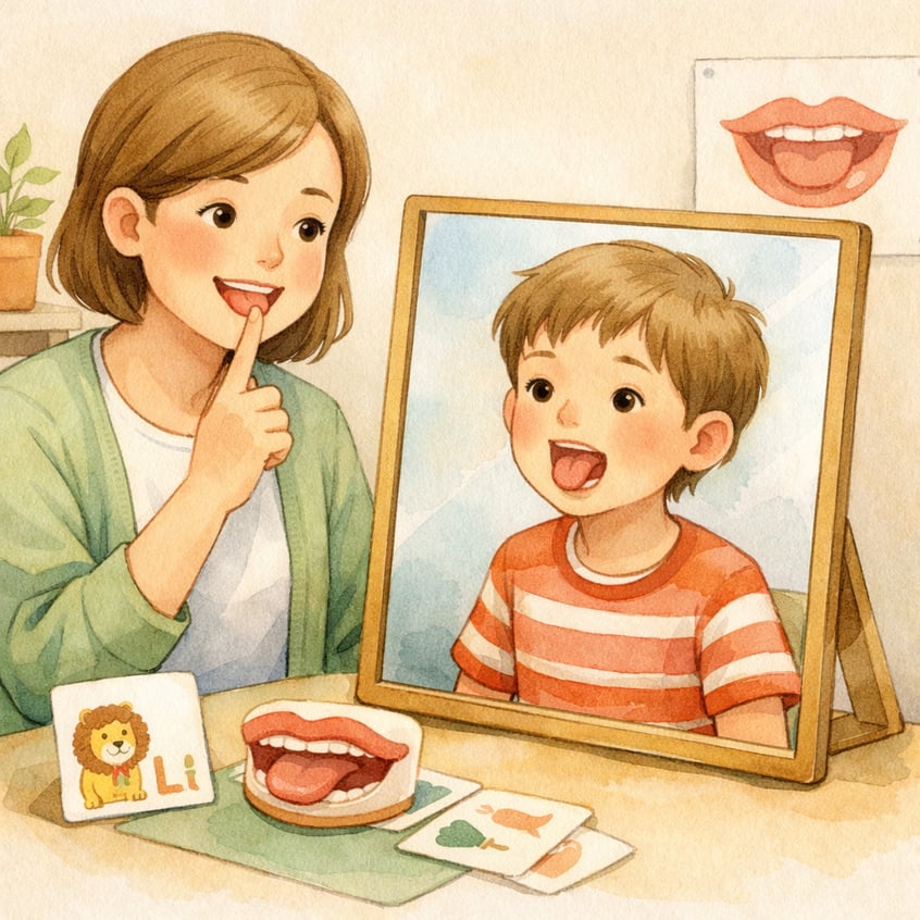 Therapist using a mirror to guide a child’s speech articulation