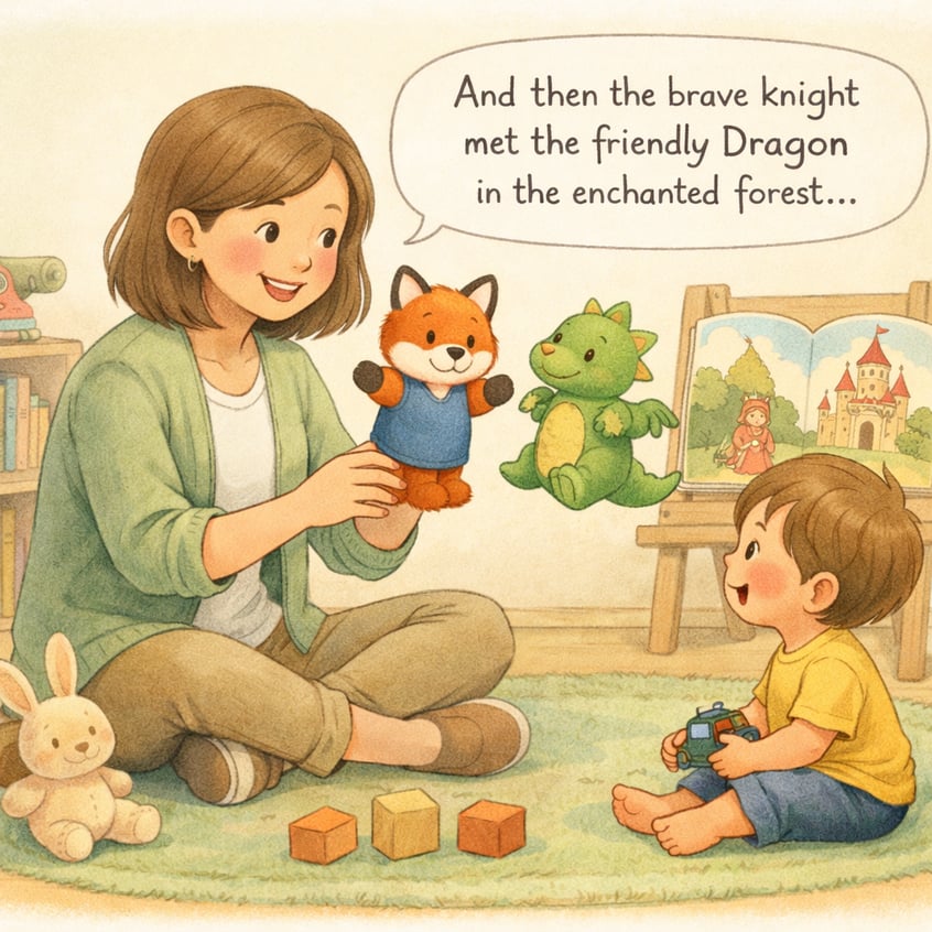 A therapist using storytelling and puppets to engage a toddler previously dependent on screens.