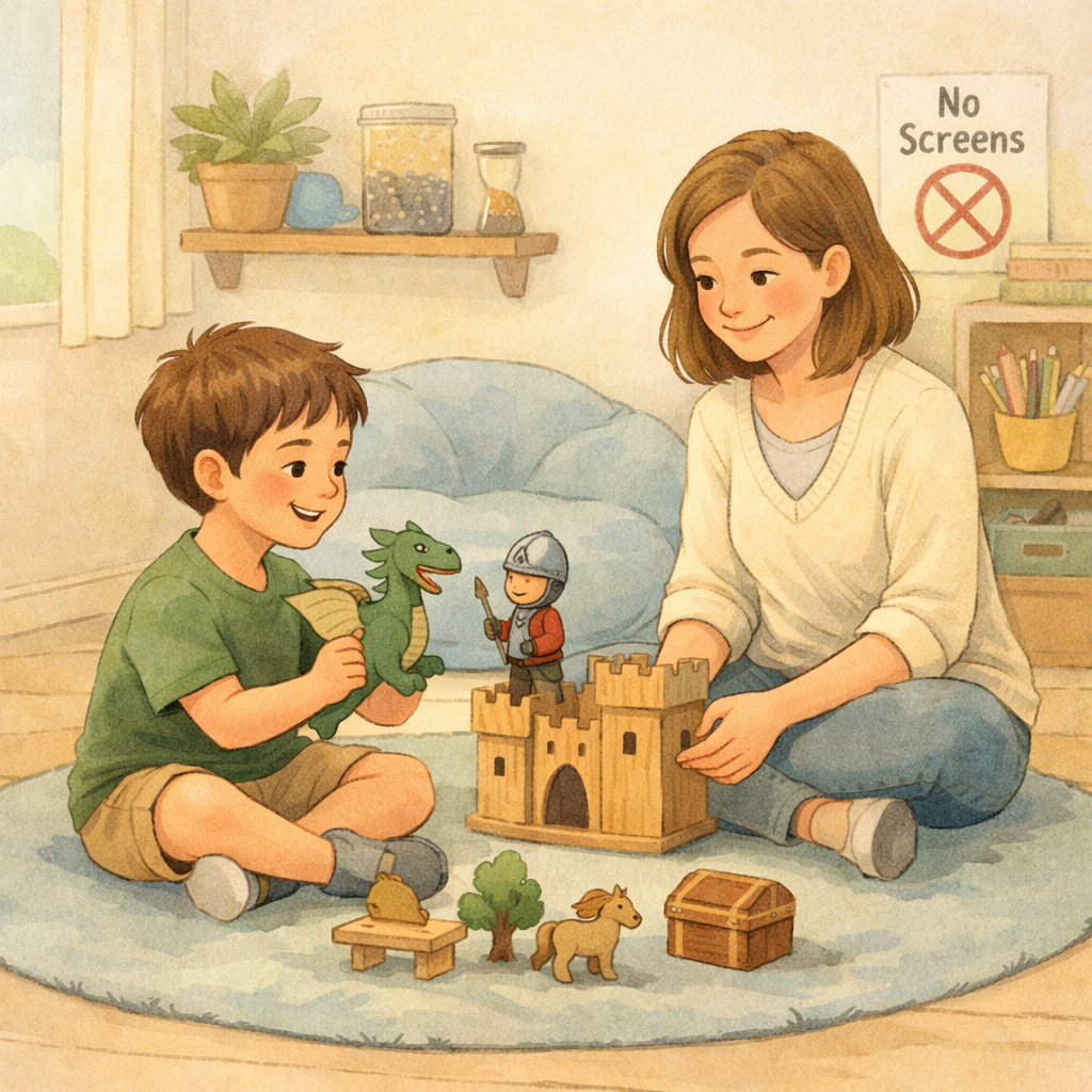 A calm therapy room where a child participates in interactive play designed to reduce screen addiction