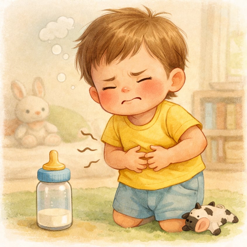 Toddler Comforting with Stomachache After Milk