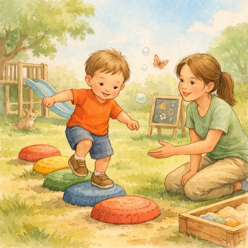 A toddler exploring outdoor play as part of therapy, emphasizing real-world interaction over screen use.