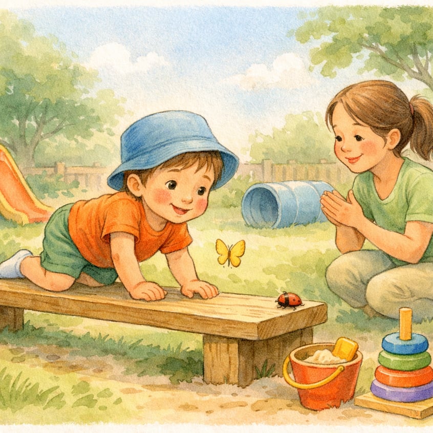 A toddler exploring outdoor play as part of therapy, emphasizing real-world interaction over screen use.