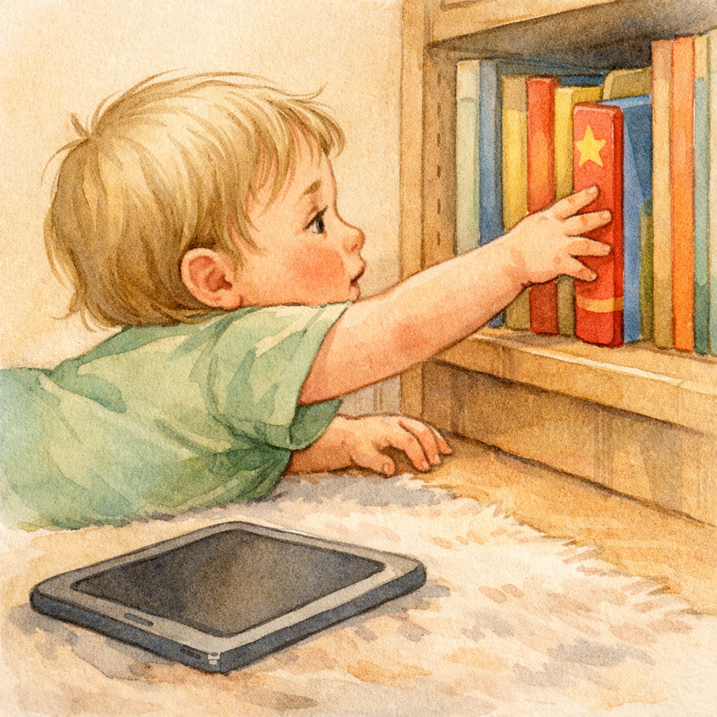 Close-up of a toddler reaching for a book while a tablet is set aside, symbolizing reduced screen dependence.