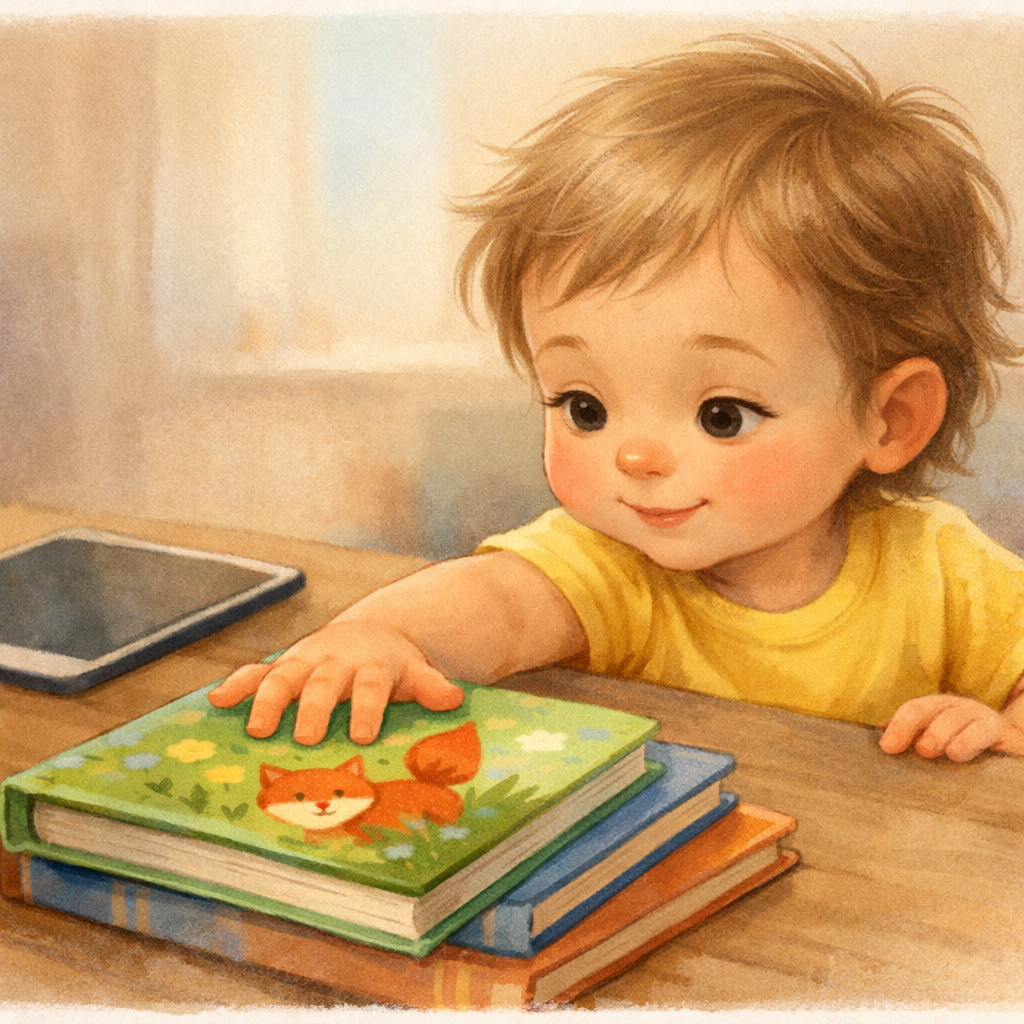Close-up of a toddler reaching for a book while a tablet is set aside, symbolizing reduced screen dependence.