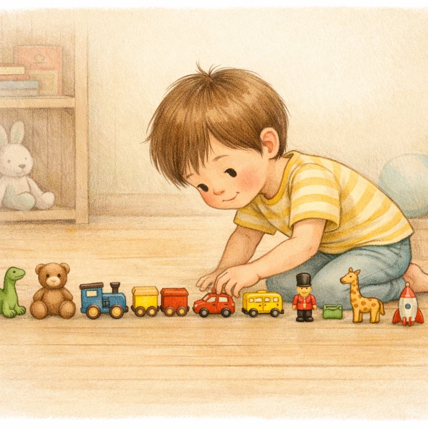 Toy Lineup Scene with Child and Gentle Gradients