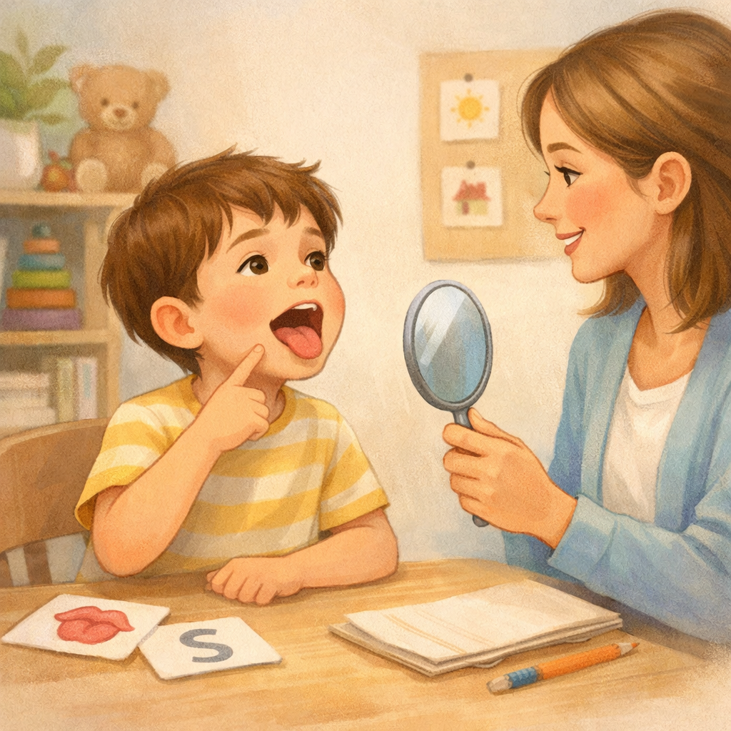 Young patient engaging in speech exercises during a therapy session