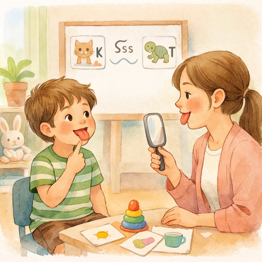 Therapist using a mirror to guide a child’s speech articulation
