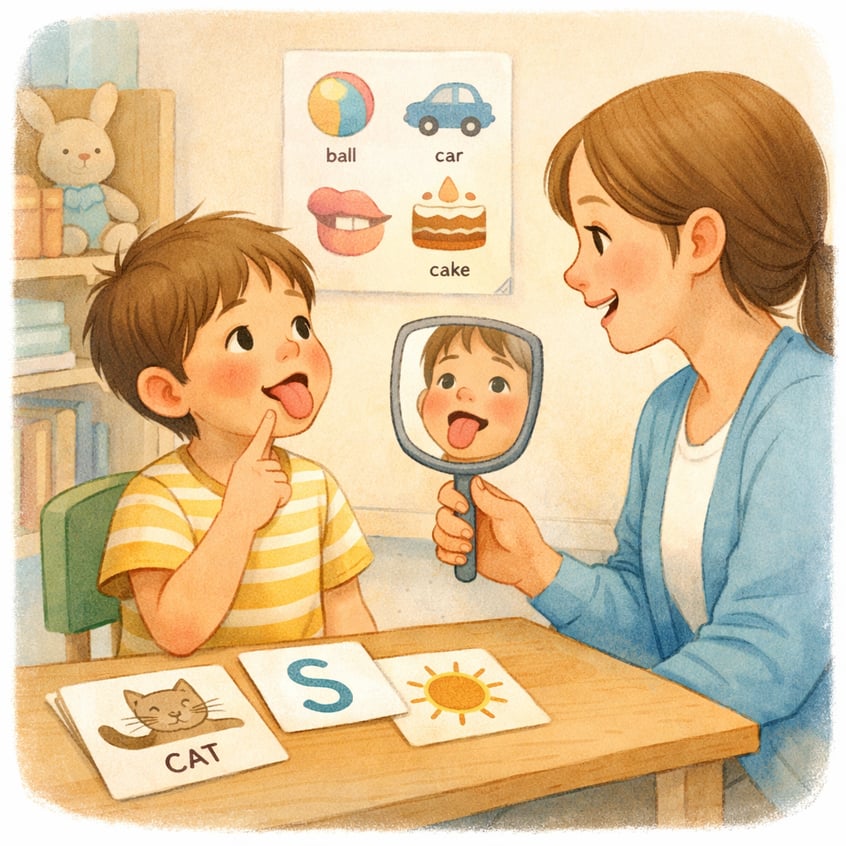 Speech pathologist coaching a child through stuttering strategies