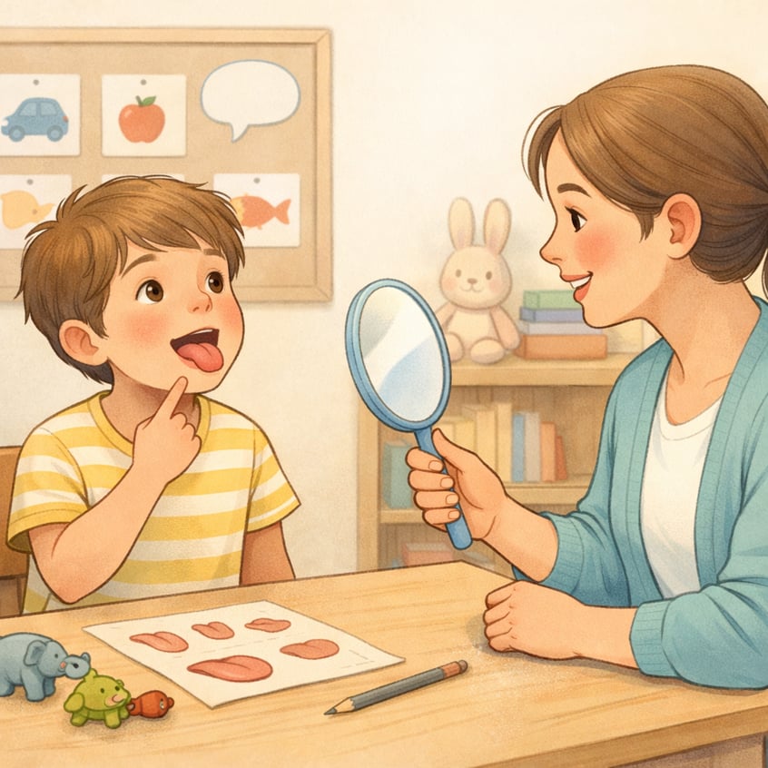 Therapist using a mirror to guide a child’s speech articulation