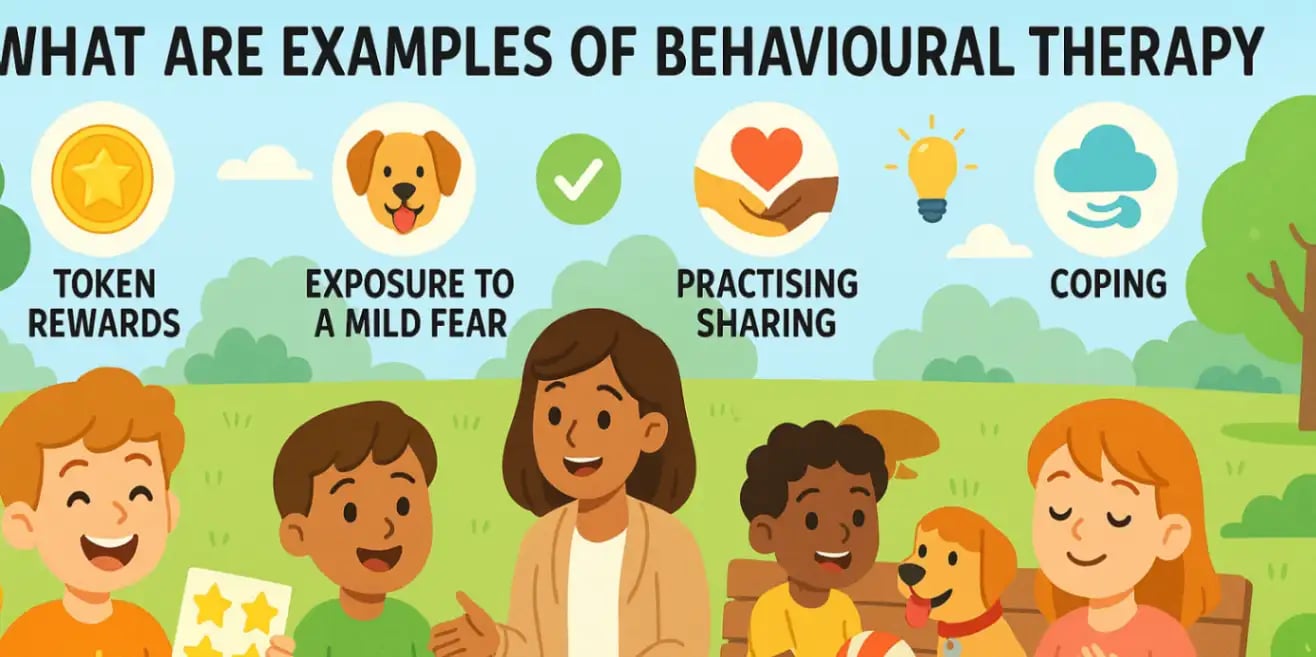 Bright illustration of kids and a therapist demonstrating behavioural therapy examples like exposure practice, positive reinforcement, and coping skills in an outdoor park.