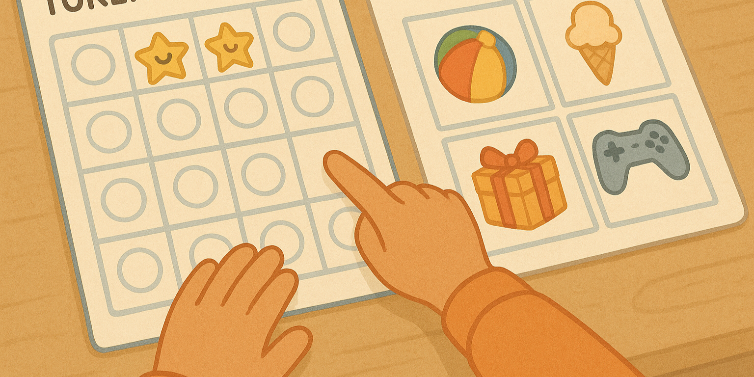 Close-up of a child’s hands using a token economy chart and choice board during behaviour therapy. Tokens and reward options such as ice cream, toys, and games shown in a warm, child-focused digital illustration.