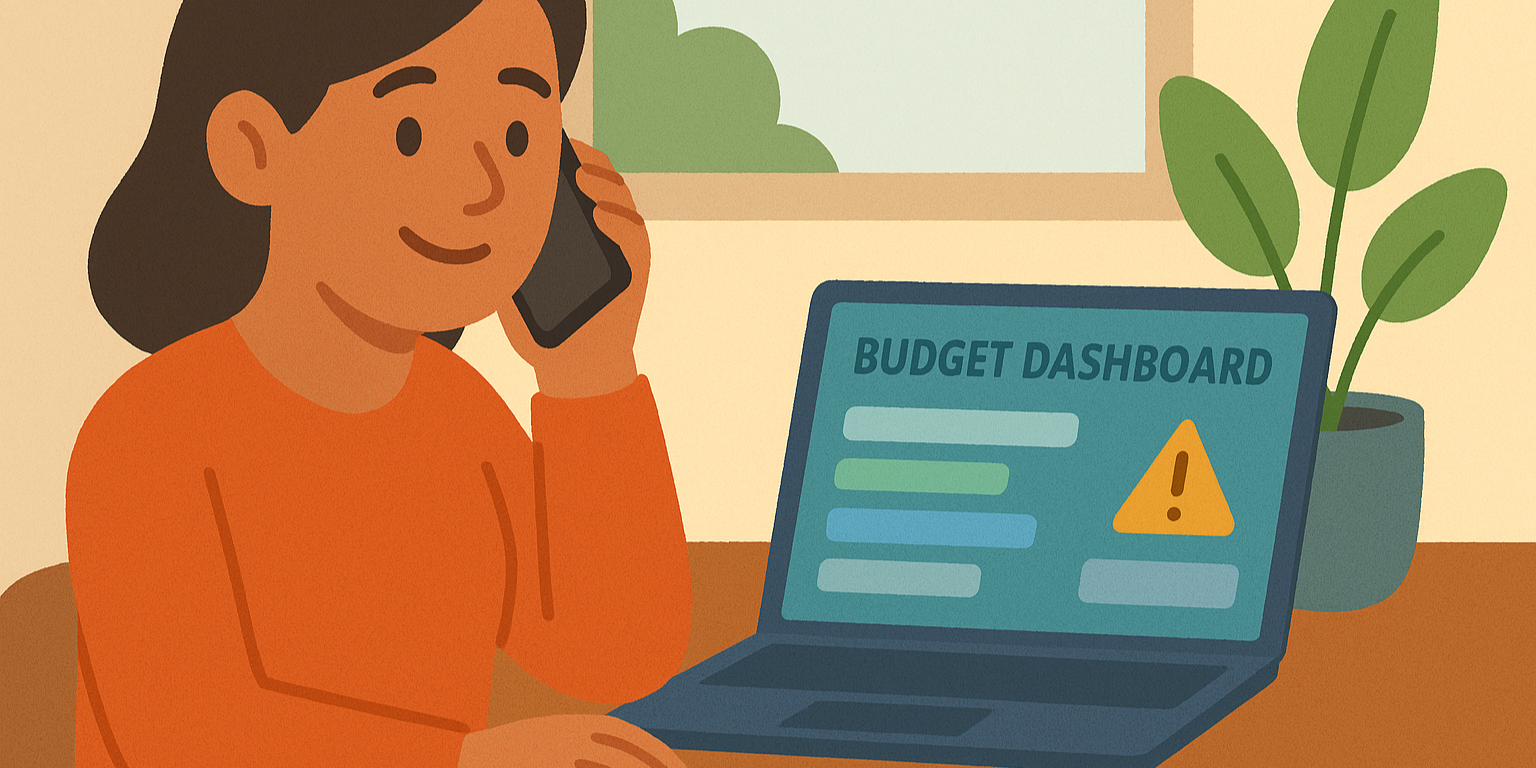Parent speaking with NDIS plan manager Liverpool on phone while reviewing budget dashboard with alerts on laptop in home office.