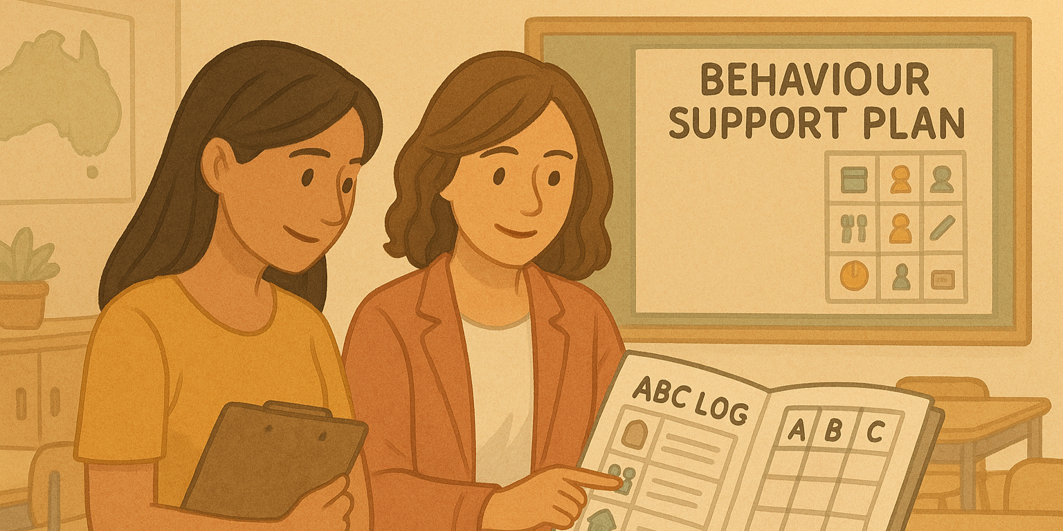 Australian primary school classroom scene showing a teacher and therapist reviewing a behaviour support plan. Teacher holds a clipboard, therapist points to an ABC log, with a “Behaviour Support Plan” board in the background.