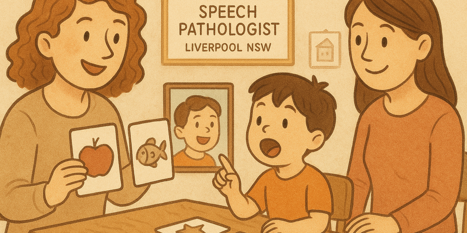 SPA-registered speech therapist Liverpool guiding child with picture cards and mirror practice, parent observing.