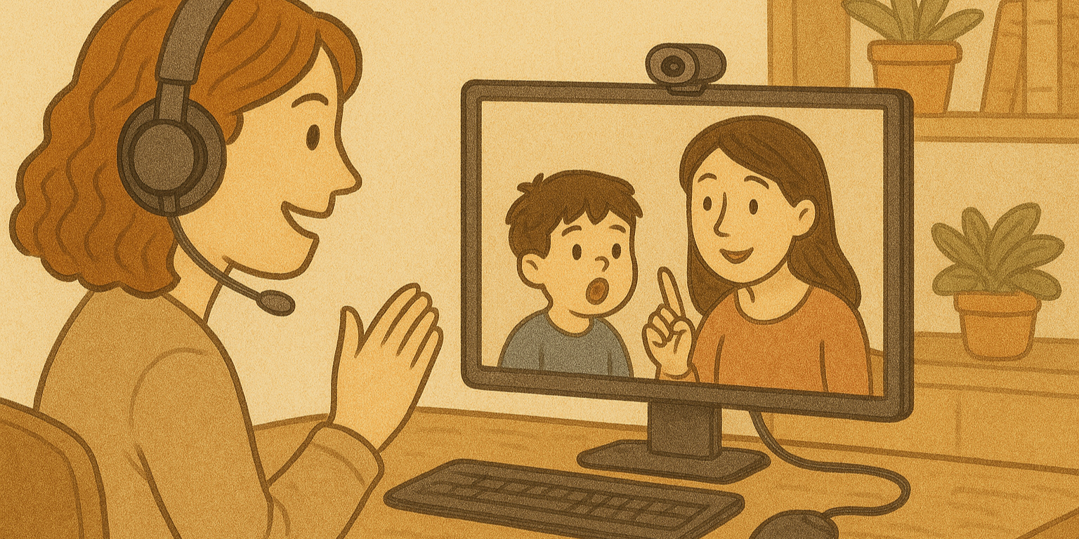Telehealth speech therapy Liverpool NSW as therapist coaches parent and child via video call at home.