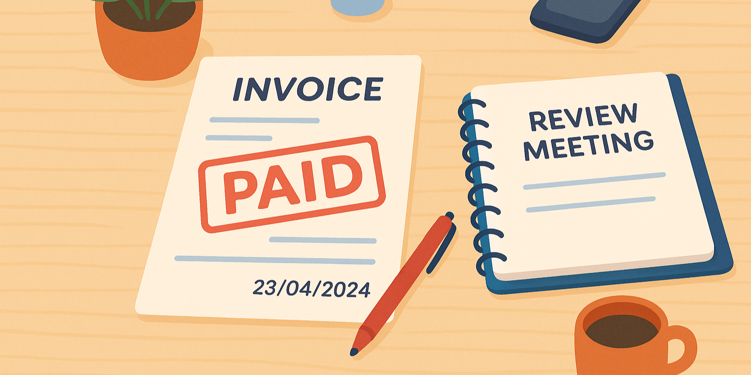 Paid invoice and review meeting diary on desk, representing reliability and accuracy in NDIS plan management services.